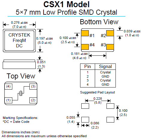 進(jìn)口石英SMD諧振器,陶瓷表面7050二腳晶體,CSX1晶振